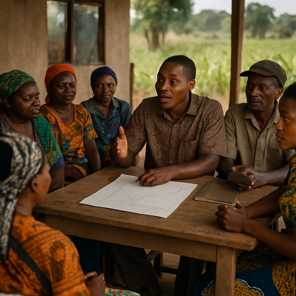 Tanzanian smallholder farmers discuss crop evidence and shared priorities at a village meeting.