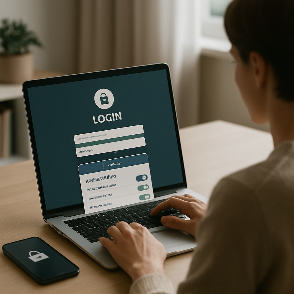 A person carefully reviews website privacy settings on a laptop, with a smartphone and