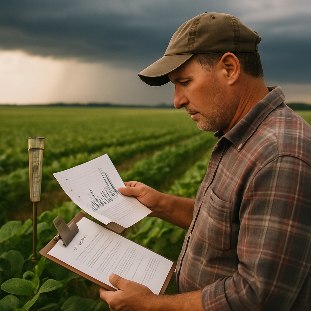 A farmer reviews crop yield records and insurance documents in a field as storm