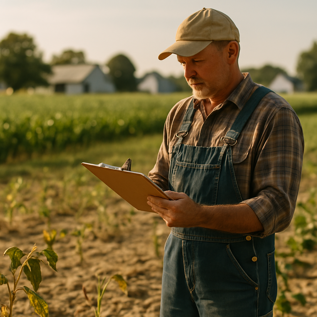 A farmer reviews a risk plan in a field showing signs of drought and