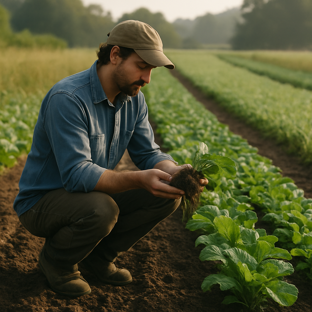 A small-farm grower checks healthy soil beside rotation beds of greens, legumes, and cover