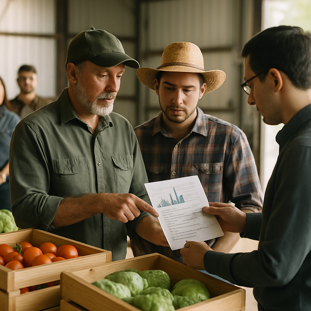Farmer cooperative members review crop prices and quality standards with a buyer at a