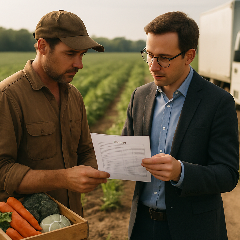 A farmer and an agricultural buyer review produce prices beside a field and delivery