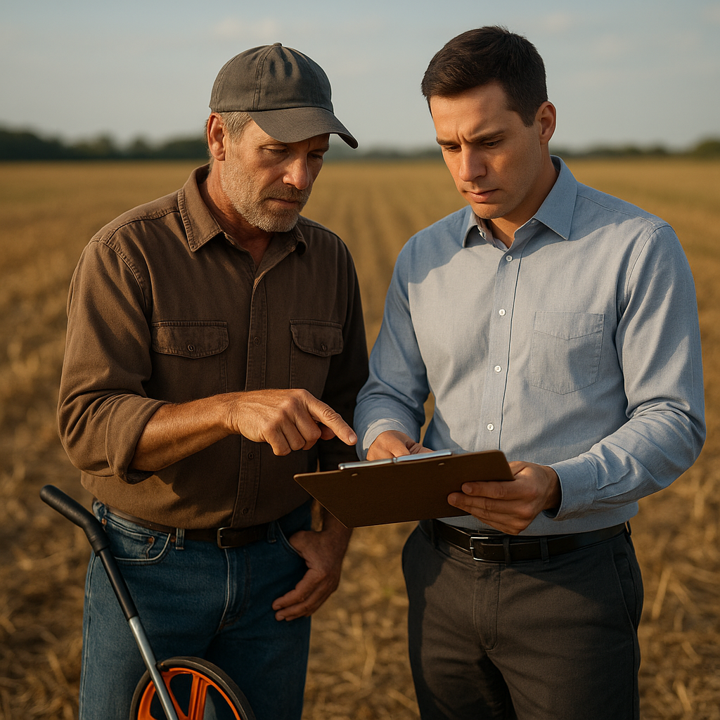 A farmer and insurance adjuster check field measurements and claim paperwork in a harvested