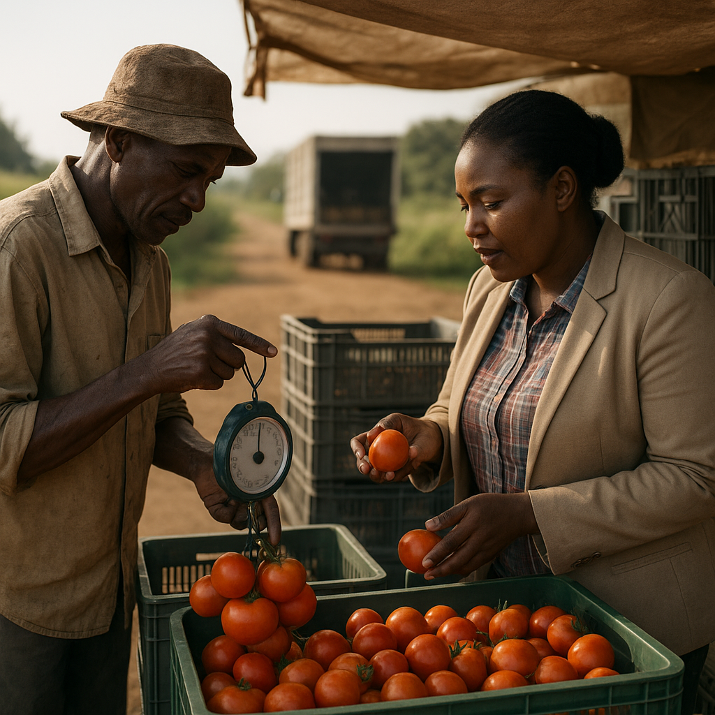 A smallholder farmer and buyer weigh fresh tomatoes beside protective storage crates at a