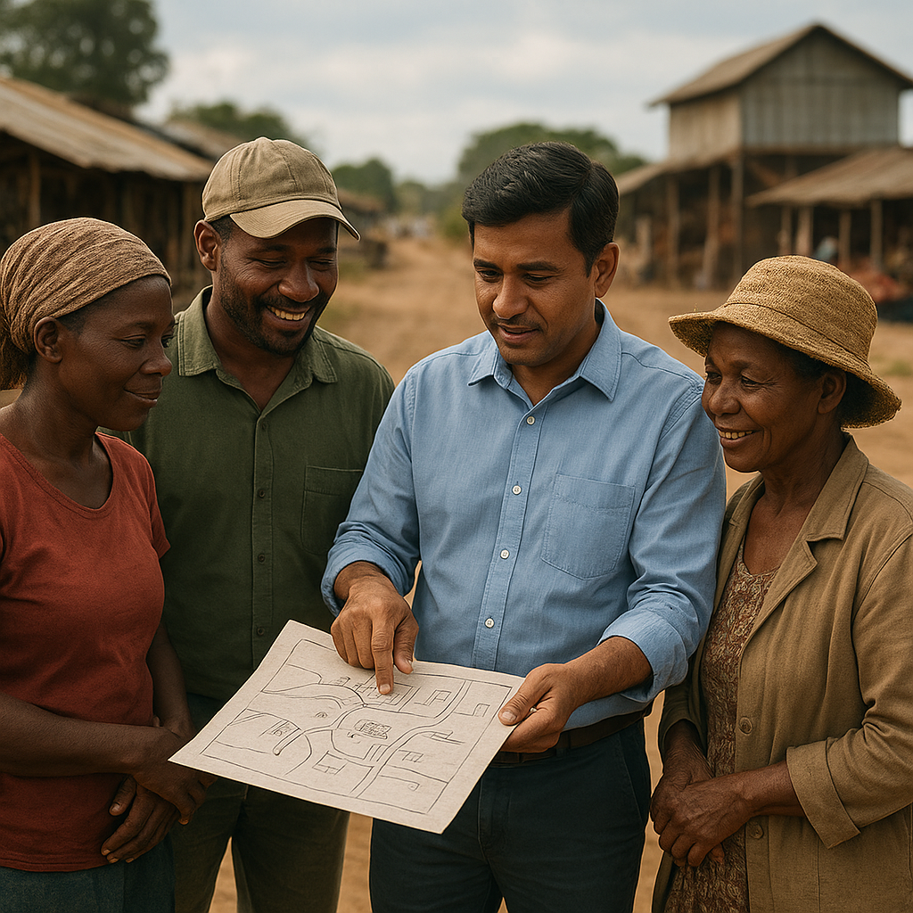 Smallholder farmers discuss road, market and storage improvements with a local official.