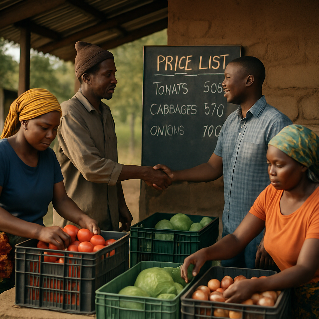 Tanzanian smallholder farmers sort produce at a collection point as a buyer checks prices
