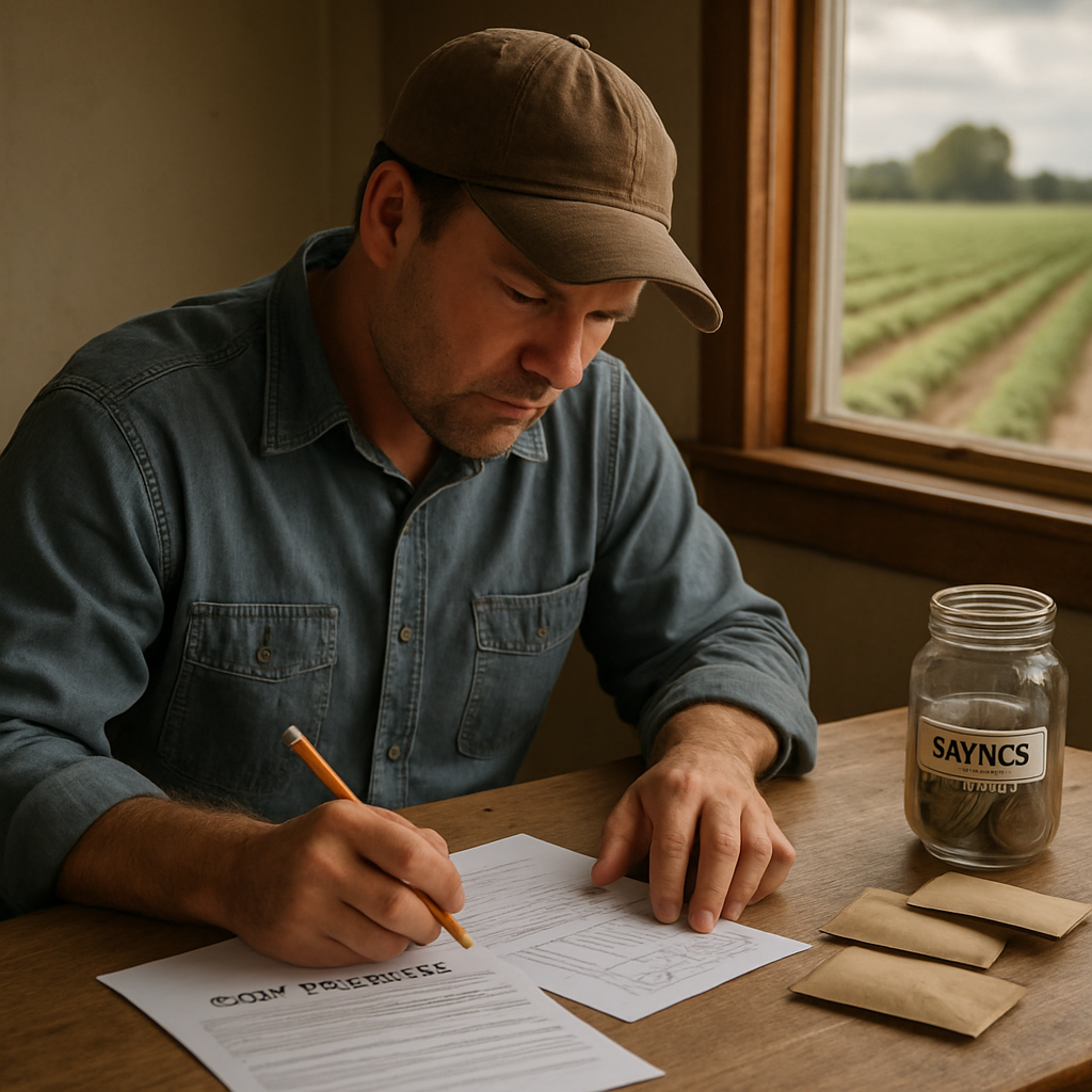A small farmer reviews insurance paperwork and a field plan at a table, with
