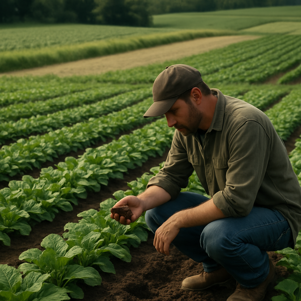 A farmer checks healthy soil beside thriving crops, with ground cover and varied neighboring