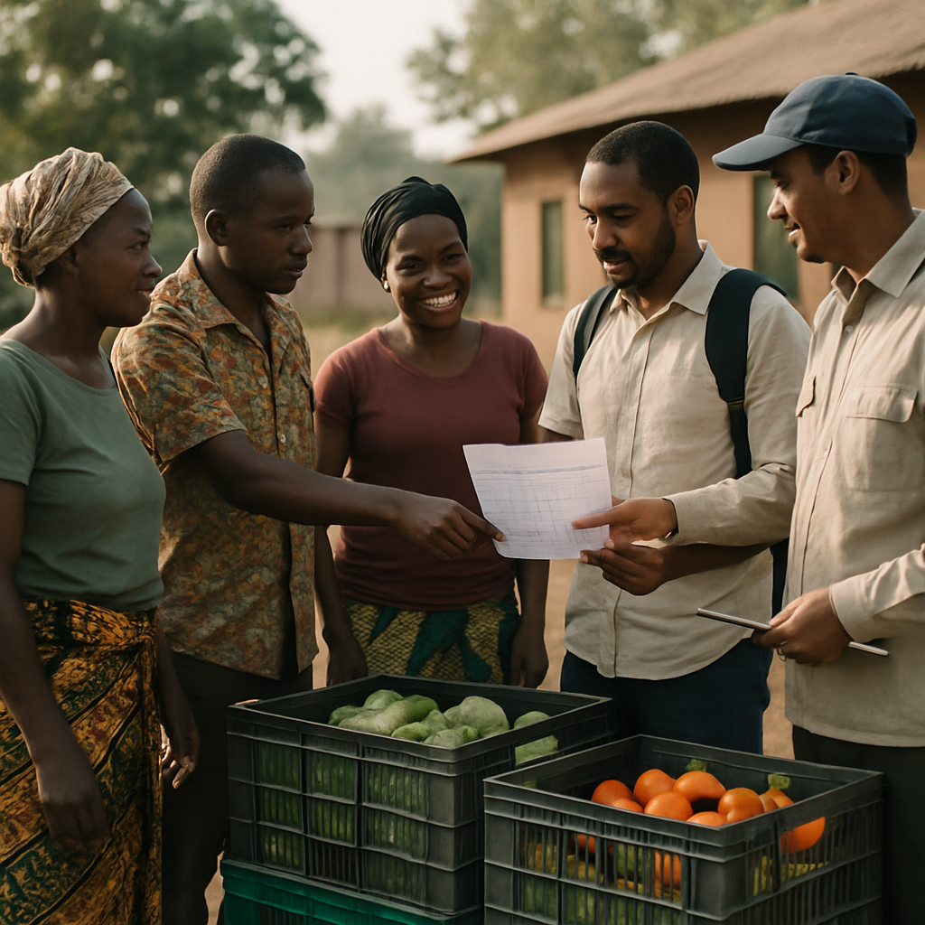 Tanzanian cooperative farmers meet with a produce buyer and agricultural service provider beside crates