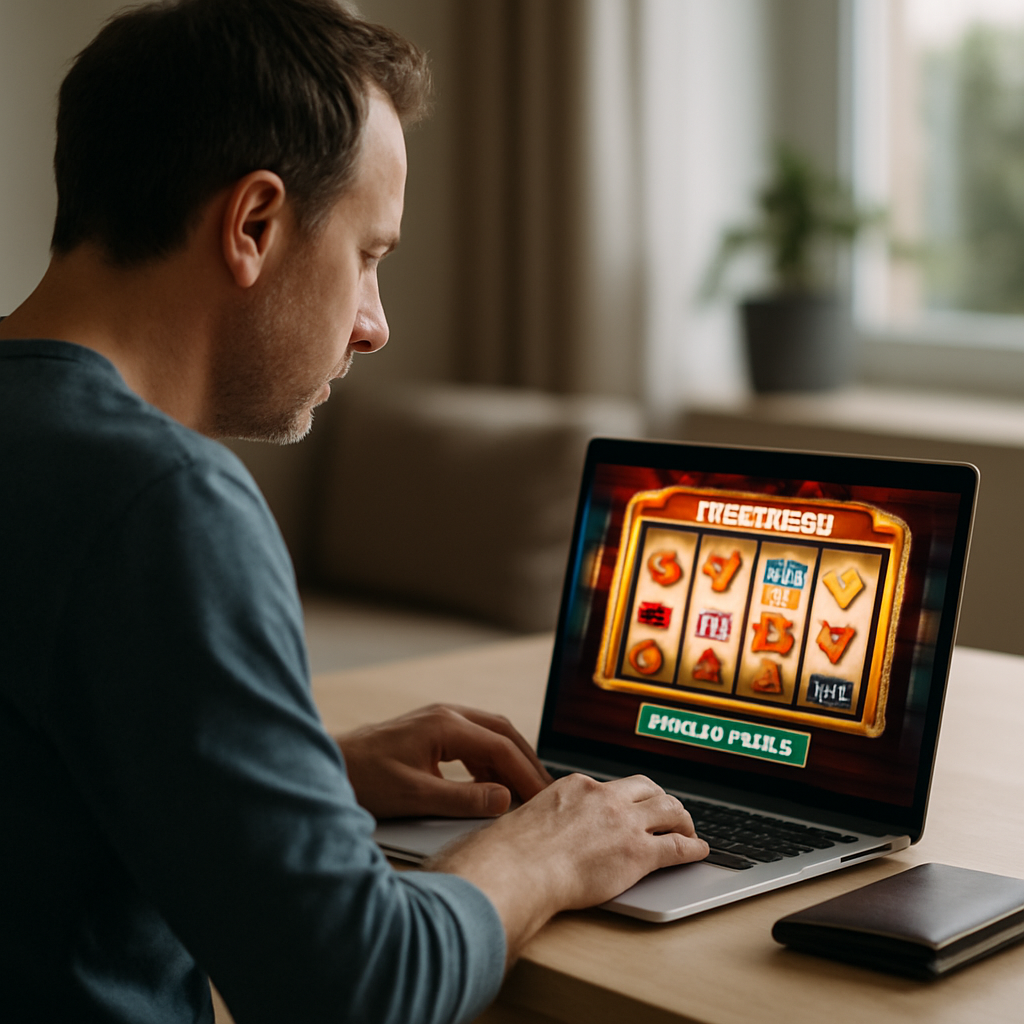 An adult explores a fictional casino game in practice mode on a laptop, with