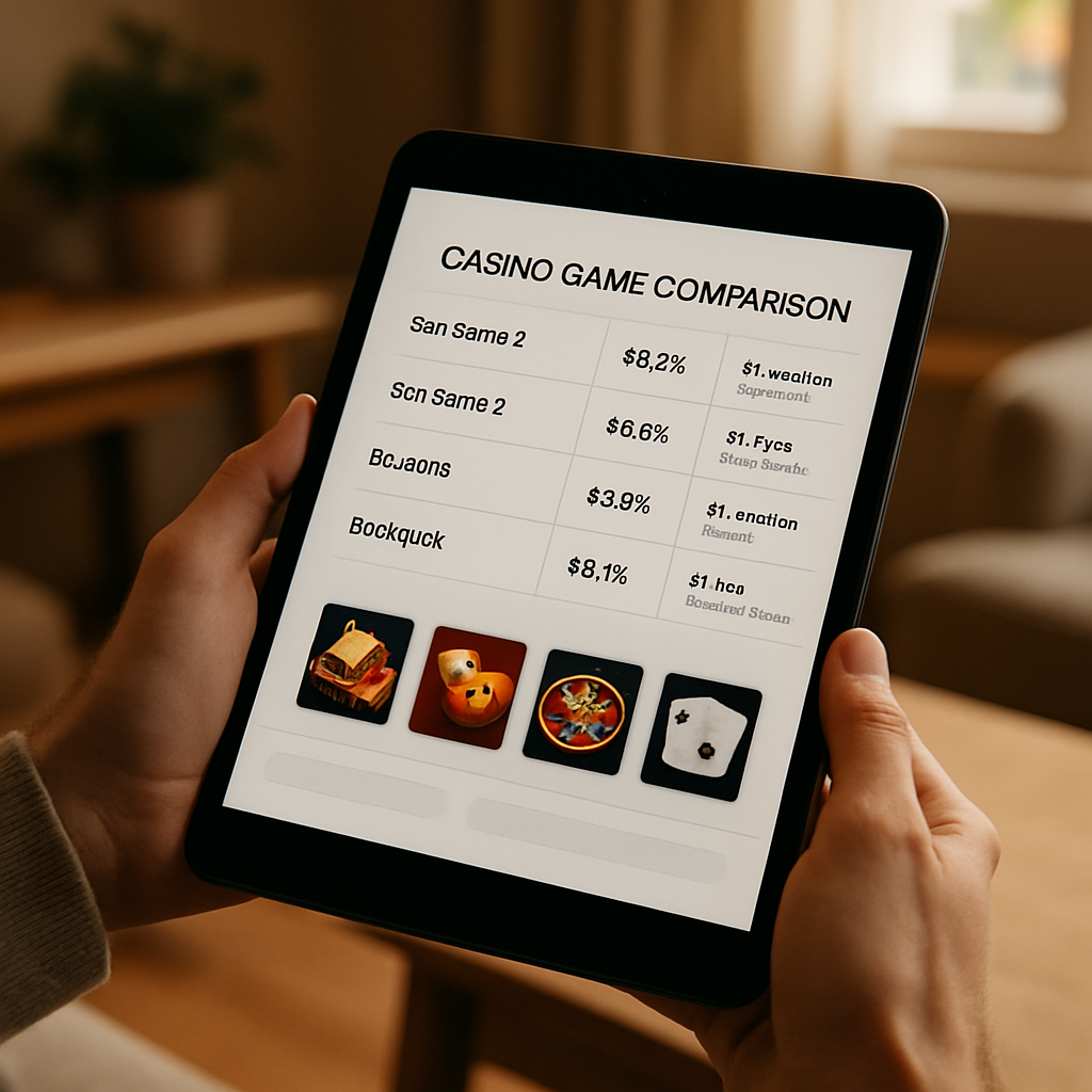 A player compares casino games on a tablet, viewing RTP figures alongside volatility and