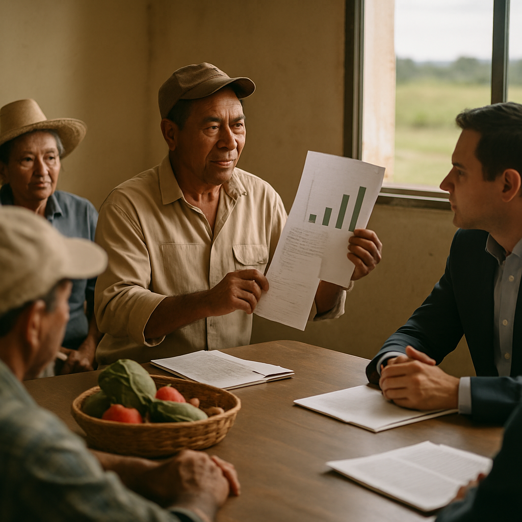 Smallholder farmers present crop evidence to a local policymaker during a community meeting.