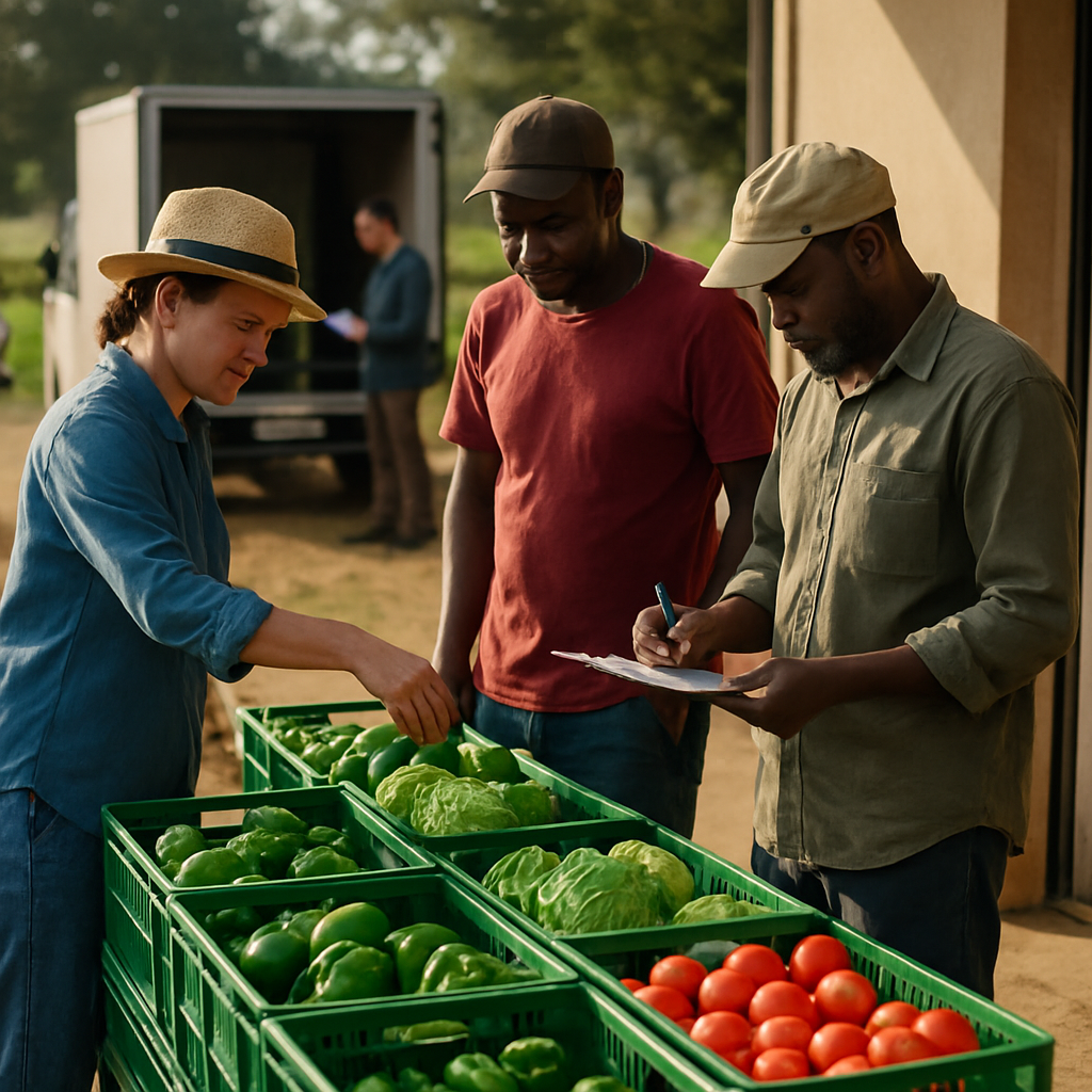 Smallholder farmers grade and pack produce together as a buyer checks an order beside